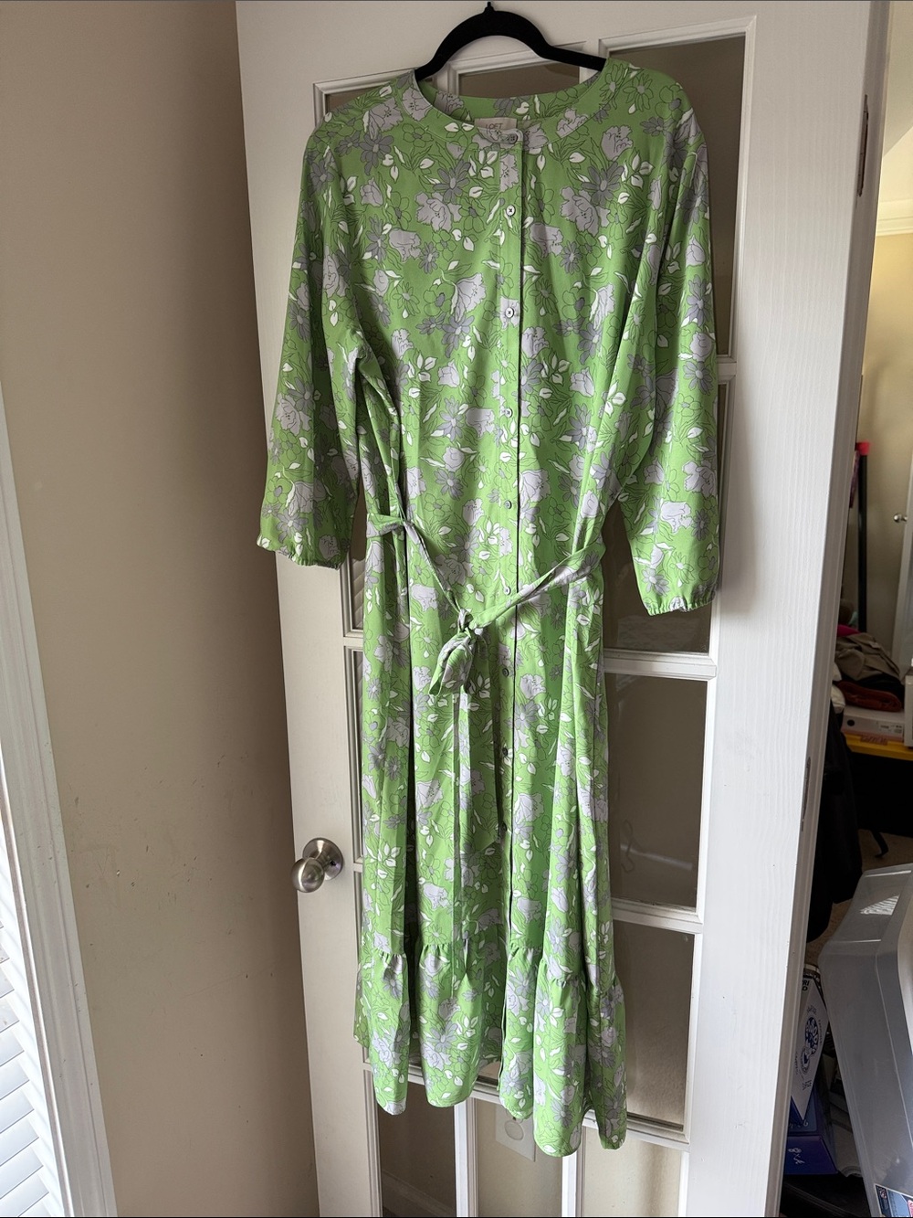 LOFT Green Floral Long-Sleeve Button Dress